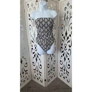 Shade & Shore Strapless One Piece Swimsuit M 8-10 Black Wh blue Geo NWT Straps